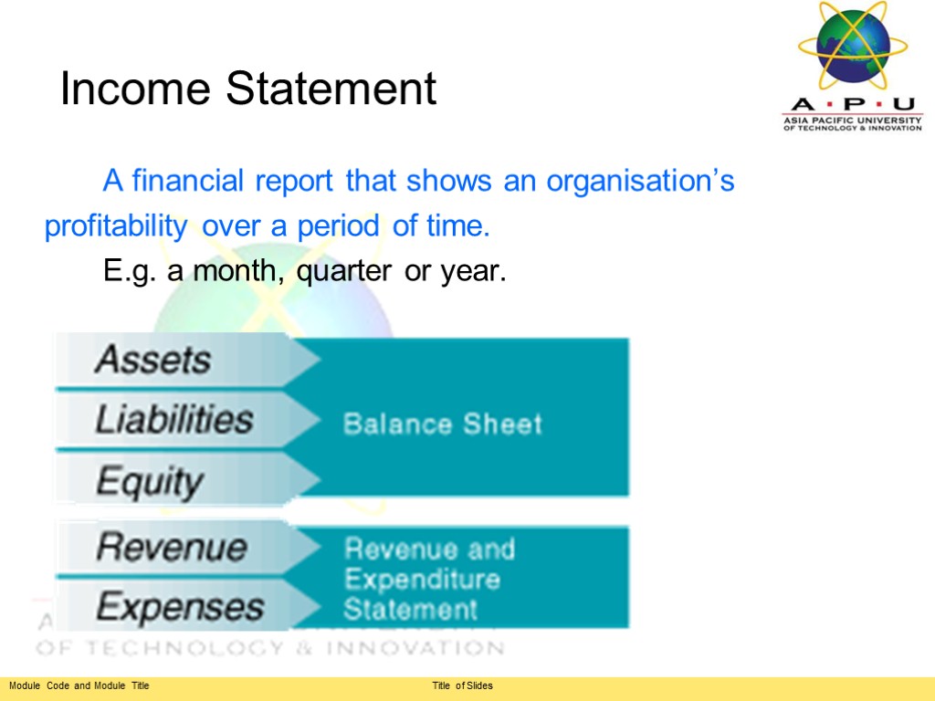 Income Statement A financial report that shows an organisation’s profitability over a period of